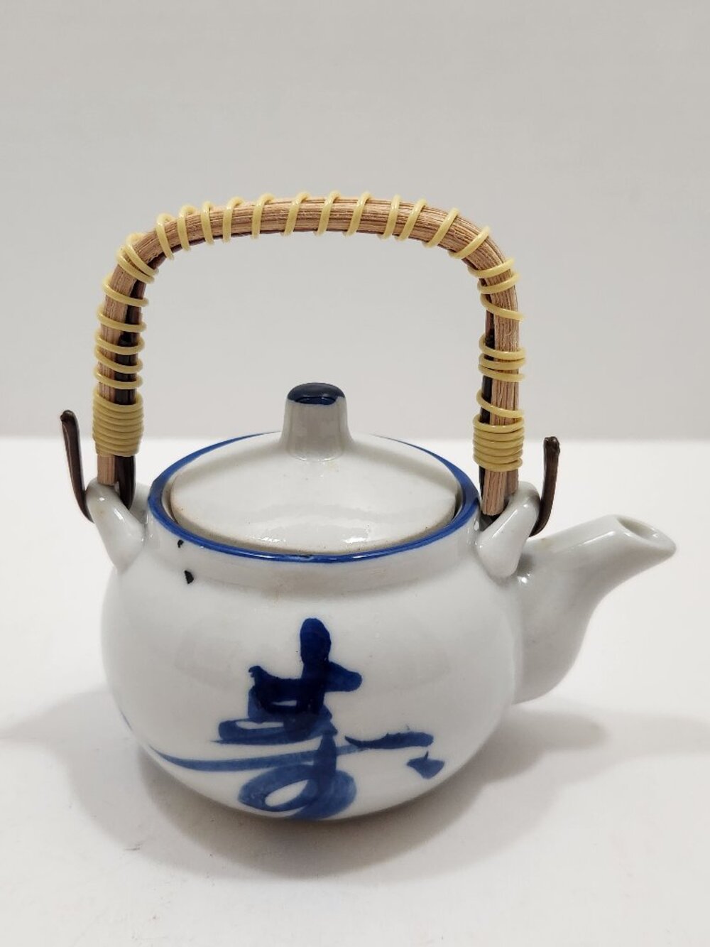 Vintage Japanese Nakagama Blue & White Ceramic Teapot with Bamboo Handle